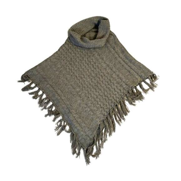 Gray Sweater Poncho With Cowl Neck & Fringe - Picture 2 of 7